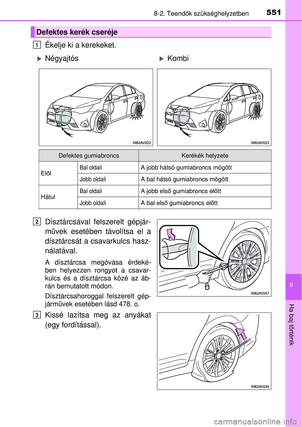 TOYOTA AVENSIS 2015 Kezelési útmutató (in Hungarian) 5518-2. Teendők szükséghelyzetben
8
Ha baj történik
Ékelje ki a kerekeket.
Dísztárcsával felszerelt gépjár-
m űvek esetében távolítsa el a
dísztárcsát a csavarkulcs hasz-
nálatával TOYOTA AVENSIS 2015 Kezelési útmutató (in Hungarian) 5518-2. Teendők szükséghelyzetben
8
Ha baj történik
Ékelje ki a kerekeket.
Dísztárcsával felszerelt gépjár-
m űvek esetében távolítsa el a
dísztárcsát a csavarkulcs hasz-
nálatával