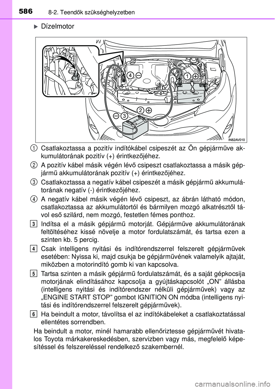 TOYOTA AVENSIS 2015 Kezelési útmutató (in Hungarian) 5868-2. Teendők szükséghelyzetben
Dízelmotor
Csatlakoztassa a pozitív indítókábel csipeszét az Ön gépjá\
rm űve ak-
kumulátorának pozitív (+) érintkez őjéhez.
A pozitív kábel m TOYOTA AVENSIS 2015 Kezelési útmutató (in Hungarian) 5868-2. Teendők szükséghelyzetben
Dízelmotor
Csatlakoztassa a pozitív indítókábel csipeszét az Ön gépjá\
rm űve ak-
kumulátorának pozitív (+) érintkez őjéhez.
A pozitív kábel m