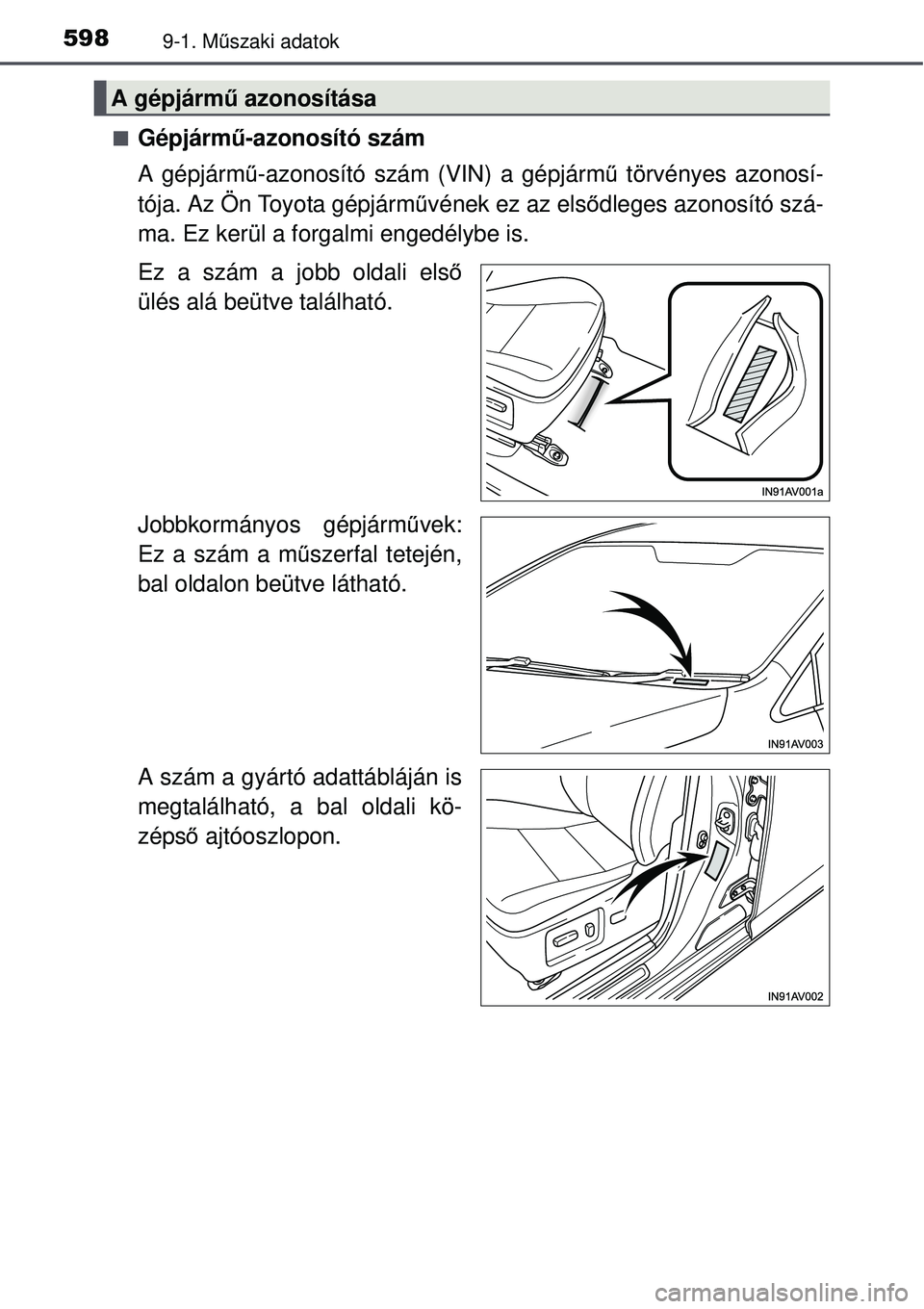 TOYOTA AVENSIS 2015 Kezelési útmutató (in Hungarian) 5989-1. Műszaki adatok
Gépjármű-azonosító szám
A gépjármű -azonosító szám (VIN) a gépjármű törvényes azonosí-
tója. Az Ön Toyota gépjárm űvének ez az első dleges azonosí TOYOTA AVENSIS 2015 Kezelési útmutató (in Hungarian) 5989-1. Műszaki adatok
Gépjármű-azonosító szám
A gépjármű -azonosító szám (VIN) a gépjármű törvényes azonosí-
tója. Az Ön Toyota gépjárm űvének ez az első dleges azonosí