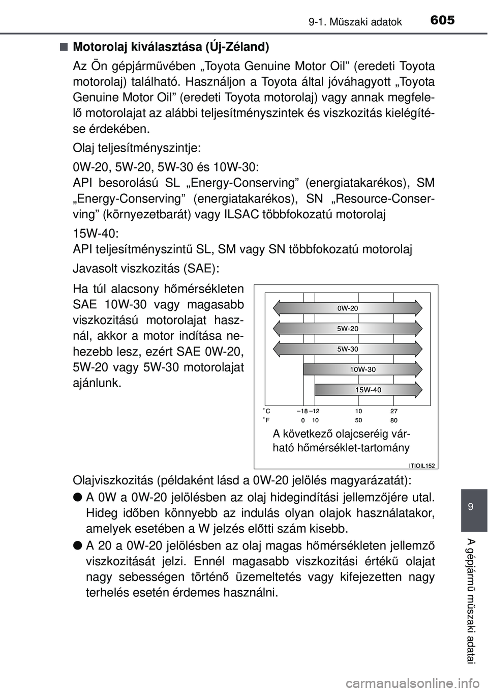 TOYOTA AVENSIS 2015  Kezelési útmutató (in Hungarian) 6059-1. Műszaki adatok
9
A gépjárm ű m űszaki adatai
Motorolaj kiválasztása (Új-Zéland)
Az Ön gépjárm űvében „Toyota Genuine Motor Oil” (eredeti Toyota
motorolaj) található. Has