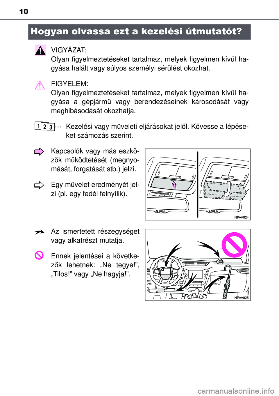 TOYOTA AVENSIS 2015  Kezelési útmutató (in Hungarian) 10
Hogyan olvassa ezt a kezelési útmutatót?
VIGYÁZAT: 
Olyan figyelmeztetéseket tartalmaz, melyek figyelmen kívül ha-
gyása halált vagy súlyos személyi sérülést okozhat.\
FIGYELEM: 
Oly