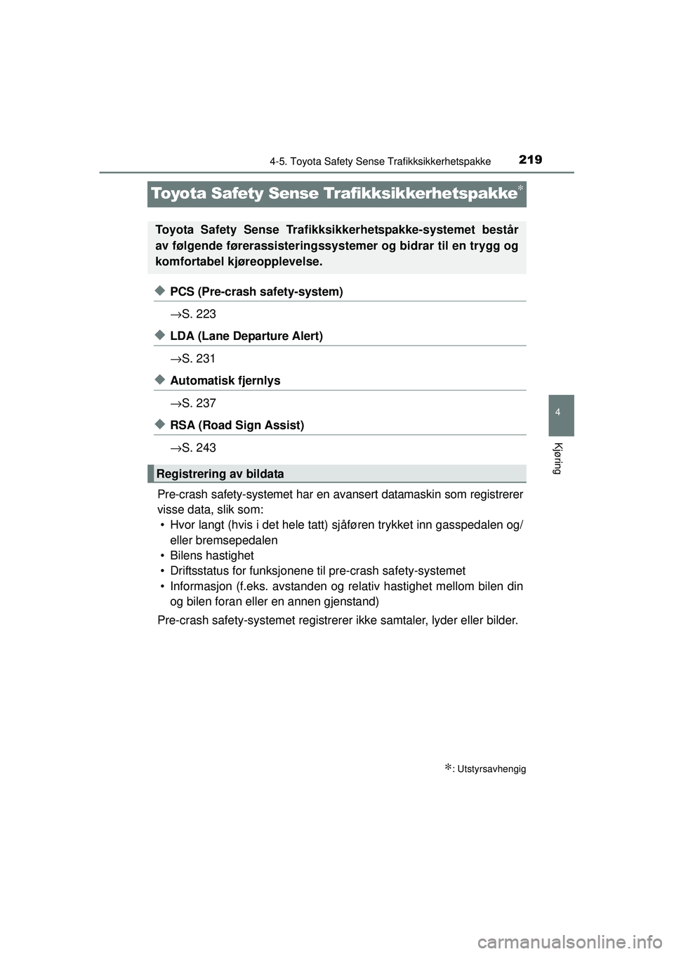 TOYOTA AVENSIS 2015 Instruksjoner for bruk (in Norwegian) 219
4
4-5. Toyota Safety Sense Trafikksikkerhetspakke
Kjøring
OM20C20NO
Toyota Safety Sense Trafikksikkerhetspakke∗
◆PCS (Pre-crash safety-system)
→S. 223
◆LDA (Lane Departure Alert)
→S. 2 TOYOTA AVENSIS 2015 Instruksjoner for bruk (in Norwegian) 219
4
4-5. Toyota Safety Sense Trafikksikkerhetspakke
Kjøring
OM20C20NO
Toyota Safety Sense Trafikksikkerhetspakke∗
◆PCS (Pre-crash safety-system)
→S. 223
◆LDA (Lane Departure Alert)
→S. 2