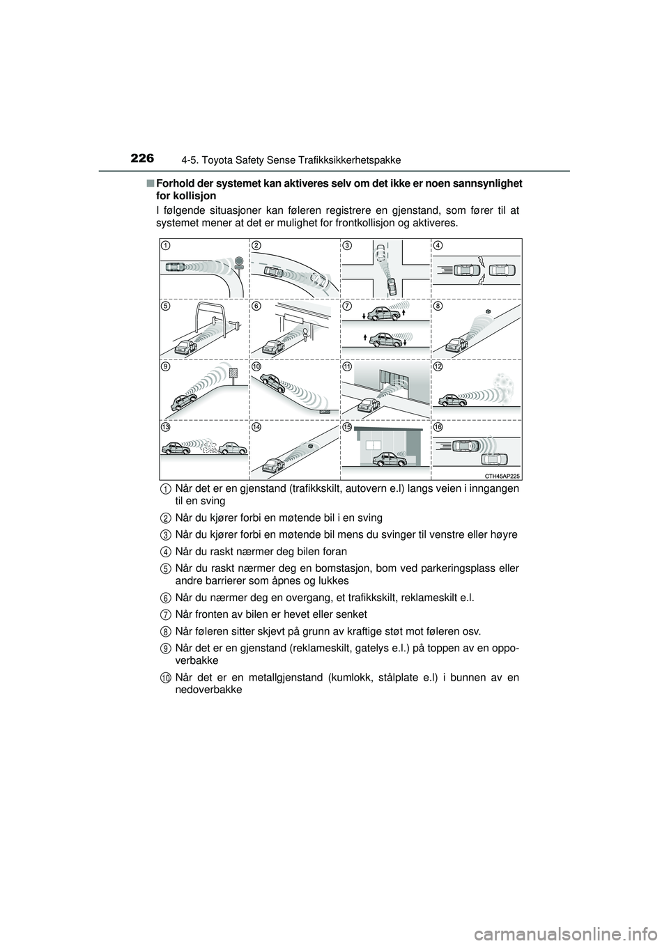 TOYOTA AVENSIS 2015 Instruksjoner for bruk (in Norwegian) 2264-5. Toyota Safety Sense Trafikksikkerhetspakke
OM20C20NO■
Forhold der systemet kan aktiveres selv om det ikke er noen sannsynlighet
for kollisjon
I følgende situasjoner kan føleren registrere TOYOTA AVENSIS 2015 Instruksjoner for bruk (in Norwegian) 2264-5. Toyota Safety Sense Trafikksikkerhetspakke
OM20C20NO■
Forhold der systemet kan aktiveres selv om det ikke er noen sannsynlighet
for kollisjon
I følgende situasjoner kan føleren registrere