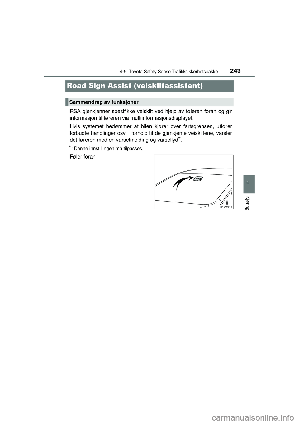 TOYOTA AVENSIS 2015  Instruksjoner for bruk (in Norwegian) 243
4
4-5. Toyota Safety Sense Trafikksikkerhetspakke
Kjøring
OM20C20NO
Road Sign Assist (veiskiltassistent)
RSA gjenkjenner spesifikke veiskilt  ved hjelp av føleren foran og gir
informasjon til f