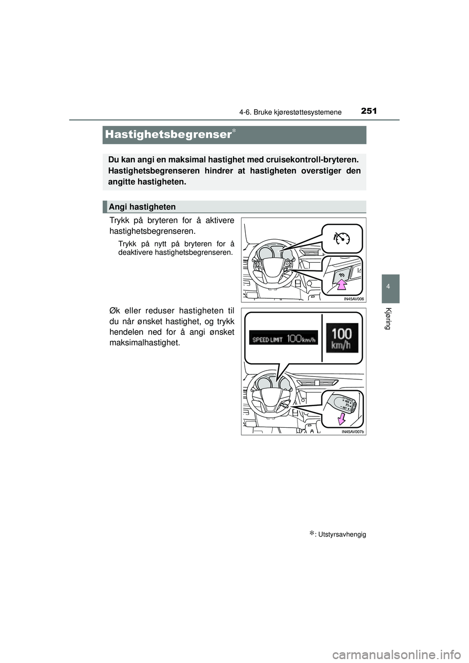 TOYOTA AVENSIS 2015 Instruksjoner for bruk (in Norwegian) 251
4
4-6. Bruke kjørestøttesystemene
Kjøring
OM20C20NO
Hastighetsbegrenser∗
Trykk på bryteren for å aktivere
hastighetsbegrenseren.
Trykk på nytt på bryteren for å
deaktivere hastighetsbegr TOYOTA AVENSIS 2015 Instruksjoner for bruk (in Norwegian) 251
4
4-6. Bruke kjørestøttesystemene
Kjøring
OM20C20NO
Hastighetsbegrenser∗
Trykk på bryteren for å aktivere
hastighetsbegrenseren.
Trykk på nytt på bryteren for å
deaktivere hastighetsbegr