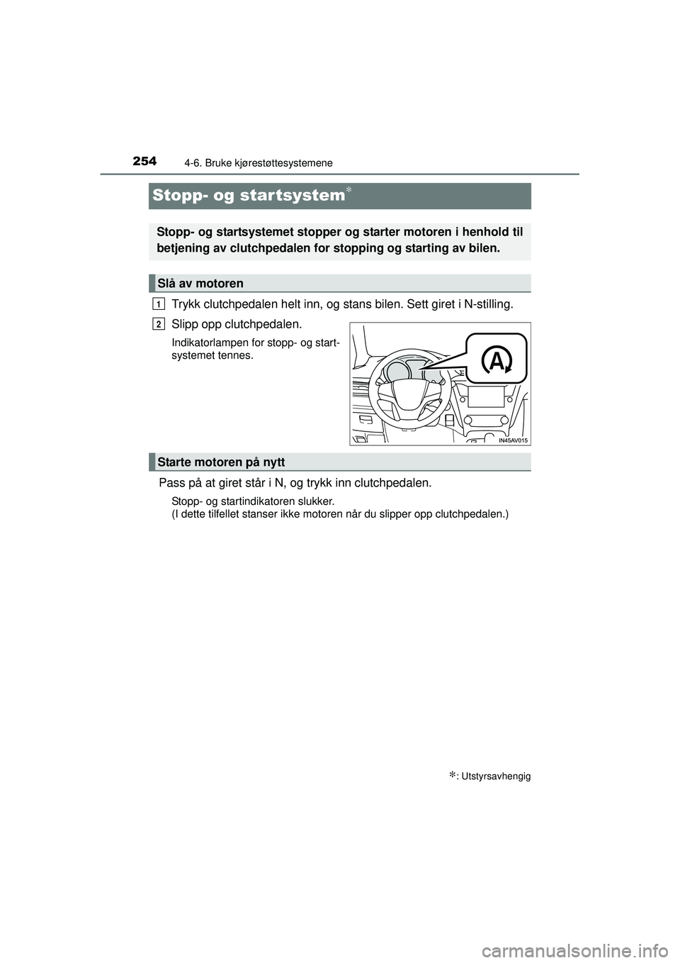 TOYOTA AVENSIS 2015 Instruksjoner for bruk (in Norwegian) 2544-6. Bruke kjørestøttesystemene
OM20C20NO
Stopp- og startsystem∗
Trykk clutchpedalen helt inn, og stans bilen. Sett giret i N-stilling.
Slipp opp clutchpedalen.
Indikatorlampen for stopp- og st TOYOTA AVENSIS 2015 Instruksjoner for bruk (in Norwegian) 2544-6. Bruke kjørestøttesystemene
OM20C20NO
Stopp- og startsystem∗
Trykk clutchpedalen helt inn, og stans bilen. Sett giret i N-stilling.
Slipp opp clutchpedalen.
Indikatorlampen for stopp- og st