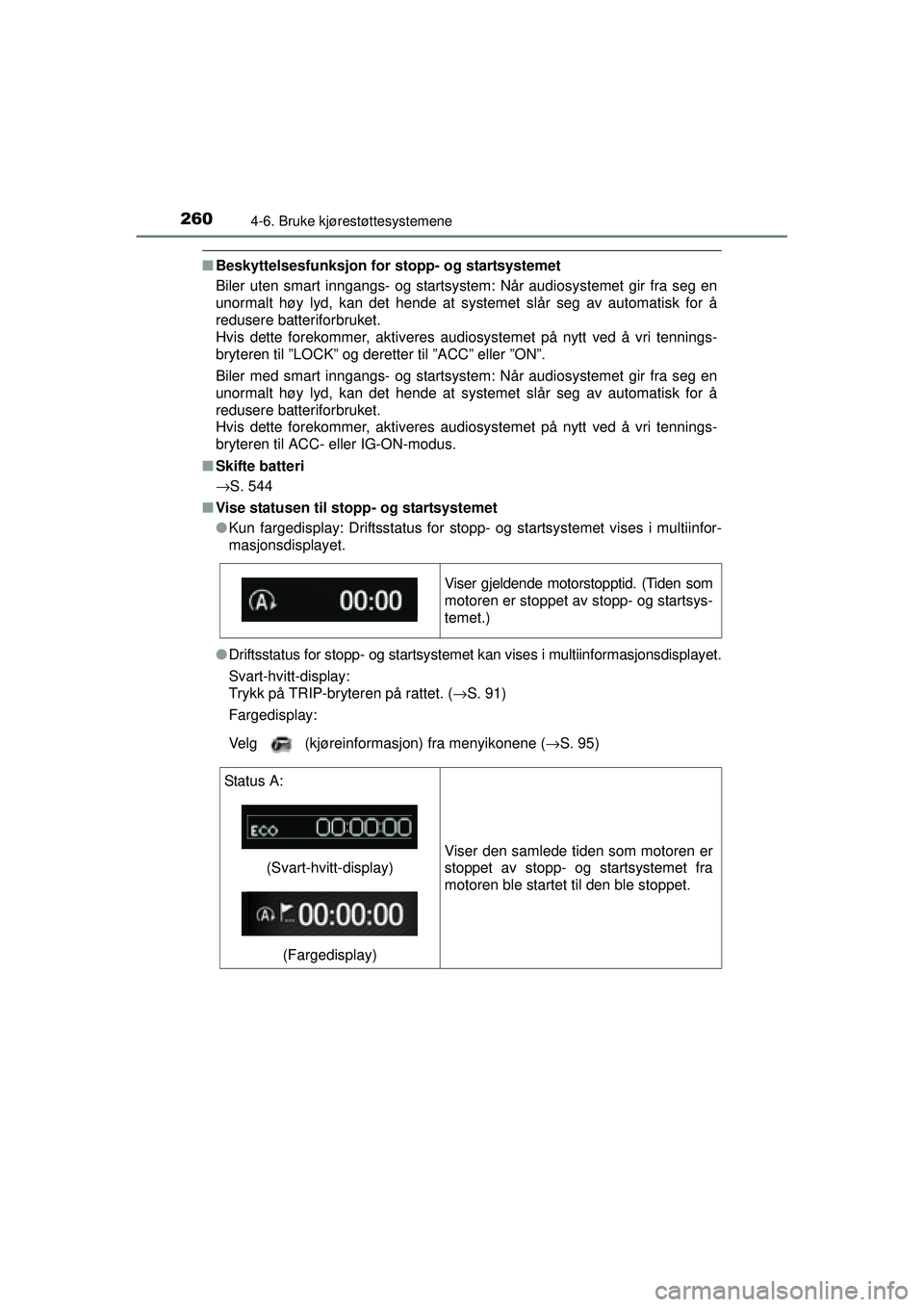 TOYOTA AVENSIS 2015 Instruksjoner for bruk (in Norwegian) 2604-6. Bruke kjørestøttesystemene
OM20C20NO
■Beskyttelsesfunksjon for stopp- og startsystemet
Biler uten smart inngangs- og startsystem: Når audiosystemet gir fra seg en
unormalt høy lyd, kan d TOYOTA AVENSIS 2015 Instruksjoner for bruk (in Norwegian) 2604-6. Bruke kjørestøttesystemene
OM20C20NO
■Beskyttelsesfunksjon for stopp- og startsystemet
Biler uten smart inngangs- og startsystem: Når audiosystemet gir fra seg en
unormalt høy lyd, kan d