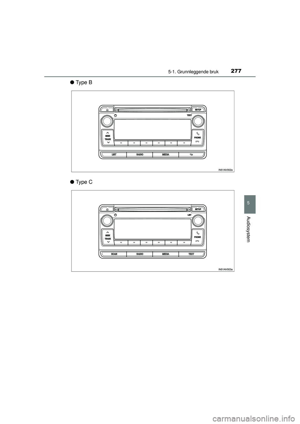 TOYOTA AVENSIS 2015  Instruksjoner for bruk (in Norwegian) 2775-1. Grunnleggende bruk
5
Audiosystem
OM20C20NO
●Ty p e  B
● Ty p e  C
OM20C20NO.book  Page 277  Thursday, April 30, 2015  5:07 PM 