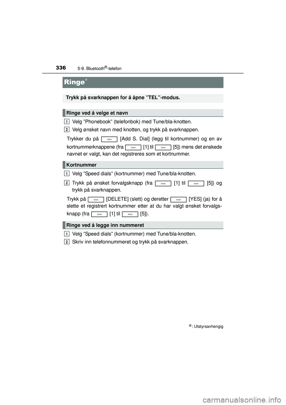 TOYOTA AVENSIS 2015  Instruksjoner for bruk (in Norwegian) 3365-9. Bluetooth®-telefon
OM20C20NO
Ringe∗
Velg ”Phonebook” (telefonbok) med Tune/bla-knotten.
Velg ønsket navn med knotten, og trykk på svarknappen.
Trykker du på   [Add S. Dial] (legg til