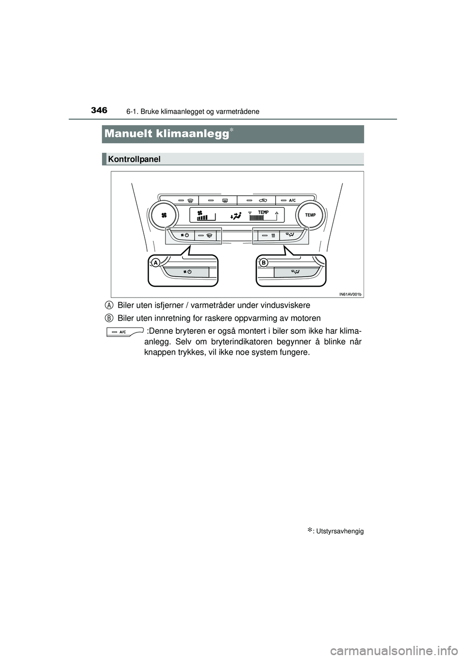 TOYOTA AVENSIS 2015  Instruksjoner for bruk (in Norwegian) 3466-1. Bruke klimaanlegget og varmetrådene
OM20C20NO
Manuelt klimaanlegg∗
Biler uten isfjerner / varmetråder under vindusviskere
Biler uten innretning for raskere oppvarming av motoren :Denne bry