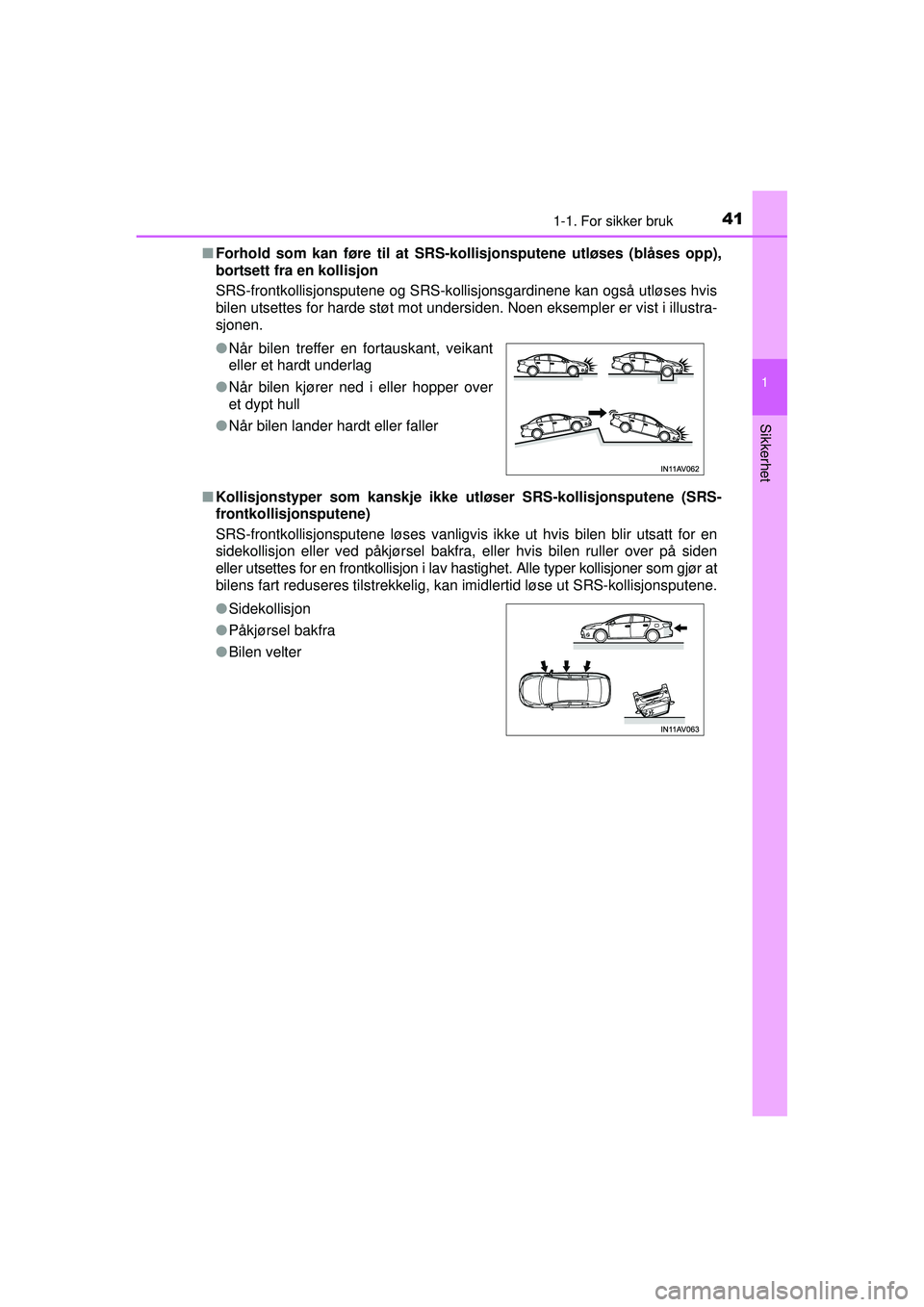 TOYOTA AVENSIS 2015 Instruksjoner for bruk (in Norwegian) 411-1. For sikker bruk
1
OM20C20NO
Sikkerhet
■Forhold som kan føre til at SRS- kollisjonsputene utløses (blåses opp),
bortsett fra en kollisjon
SRS-frontkollisjonsputene og SRS-kollisjonsgardinen TOYOTA AVENSIS 2015 Instruksjoner for bruk (in Norwegian) 411-1. For sikker bruk
1
OM20C20NO
Sikkerhet
■Forhold som kan føre til at SRS- kollisjonsputene utløses (blåses opp),
bortsett fra en kollisjon
SRS-frontkollisjonsputene og SRS-kollisjonsgardinen
