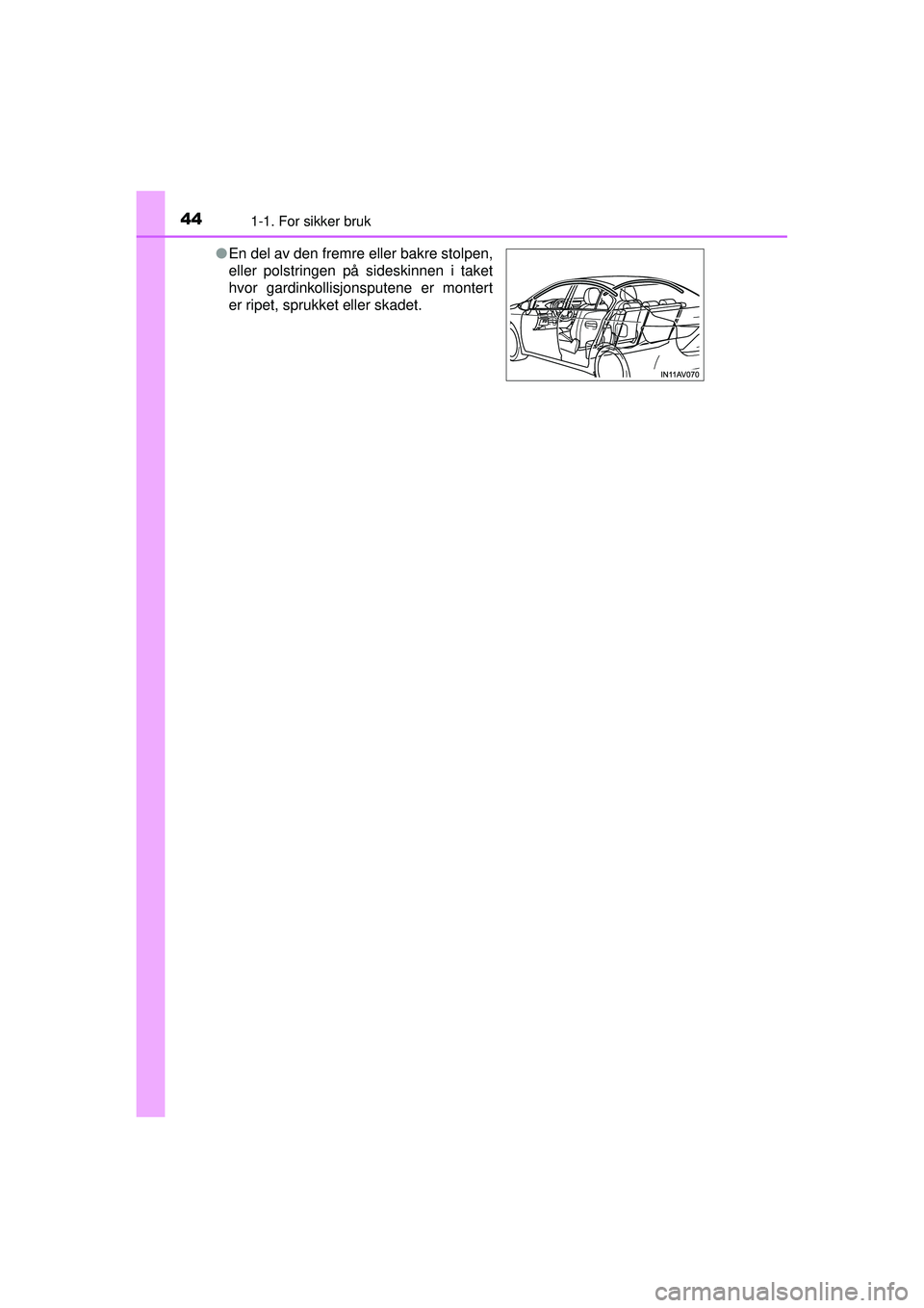 TOYOTA AVENSIS 2015 Instruksjoner for bruk (in Norwegian) 441-1. For sikker bruk
OM20C20NO●
En del av den fremre eller bakre stolpen,
eller polstringen på sideskinnen i taket
hvor gardinkollisjonsputene er montert
er ripet, sprukket eller skadet.
OM20C20N TOYOTA AVENSIS 2015 Instruksjoner for bruk (in Norwegian) 441-1. For sikker bruk
OM20C20NO●
En del av den fremre eller bakre stolpen,
eller polstringen på sideskinnen i taket
hvor gardinkollisjonsputene er montert
er ripet, sprukket eller skadet.
OM20C20N