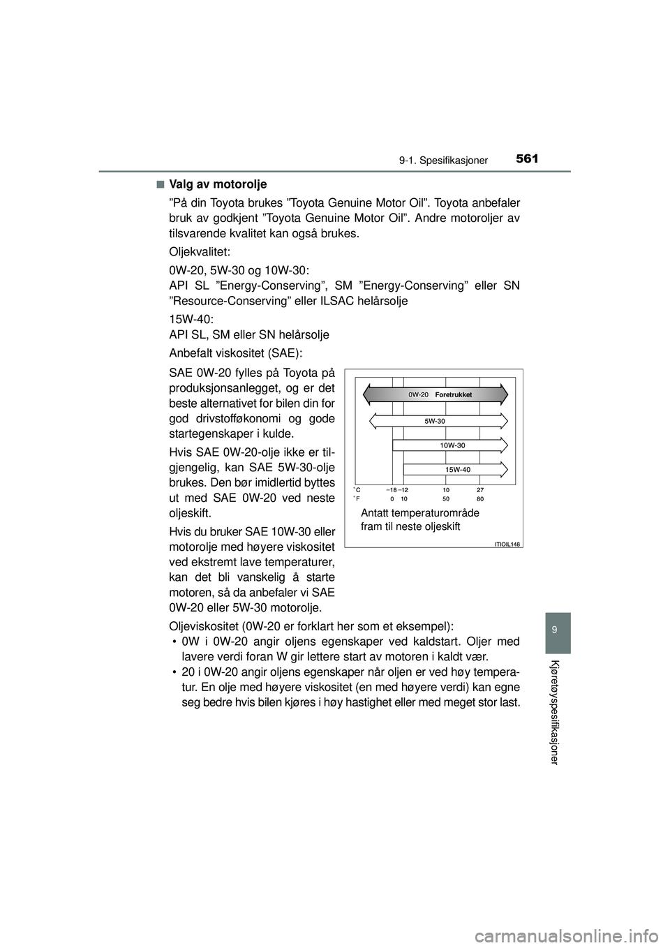 TOYOTA AVENSIS 2015  Instruksjoner for bruk (in Norwegian) 5619-1. Spesifikasjoner
OM20C20NO
9
Kjøretøyspesifikasjoner
■Valg av motorolje
”På din Toyota brukes ”Toyota Genuine Motor Oil”. Toyota anbefaler
bruk av godkjent ”Toyota Genuine Motor Oi