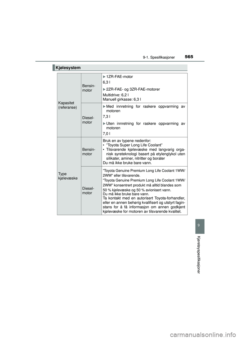 TOYOTA AVENSIS 2015  Instruksjoner for bruk (in Norwegian) 5659-1. Spesifikasjoner
OM20C20NO
9
Kjøretøyspesifikasjoner
Kjølesystem
Kapasitet
(referanse)
Bensin-
motor
�X1ZR-FAE-motor
6,3 l
�X2ZR-FAE- og 3ZR-FAE-motorer
Multidrive: 6,2 l 
Manuell girkasse: 