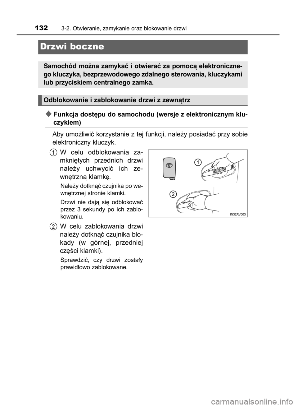 TOYOTA AVENSIS 2015  Instrukcja obsługi (in Polish) Funkcja dost´pu do samochodu (wersje z elektronicznym klu-
czykiem)
Aby umo˝liwiç korzystanie z tej funkcji, nale˝y posiadaç przy sobie
elektroniczny kluczyk.
W celu  odblokowania  za-
mkni´tyc