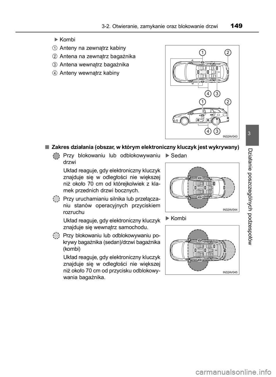 TOYOTA AVENSIS 2015  Instrukcja obsługi (in Polish) ó Kombi
Anteny na zewnàtrz kabiny
Antena na zewnàtrz baga˝nika
Antena wewnàtrz baga˝nika
Anteny wewnàtrz kabiny
Zakres dzia∏ania (obszar, w którym elektroniczny kluczyk jest wykrywany)
Przy 