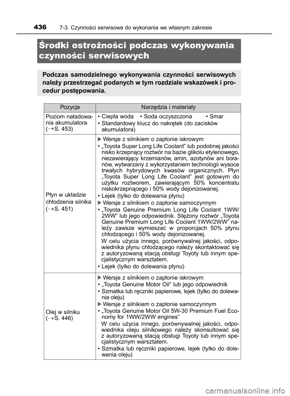 TOYOTA AVENSIS 2015  Instrukcja obsługi (in Polish) 4367-3. CzynnoÊci serwisowe do wykonania we w∏asnym zakresie
Ârodki ostro˝noÊci podczas wykonywania
czynnoÊci serwisowych
Podczas  samodzielnego  wykonywania  czynnoÊci  serwisowych
nale˝y pr