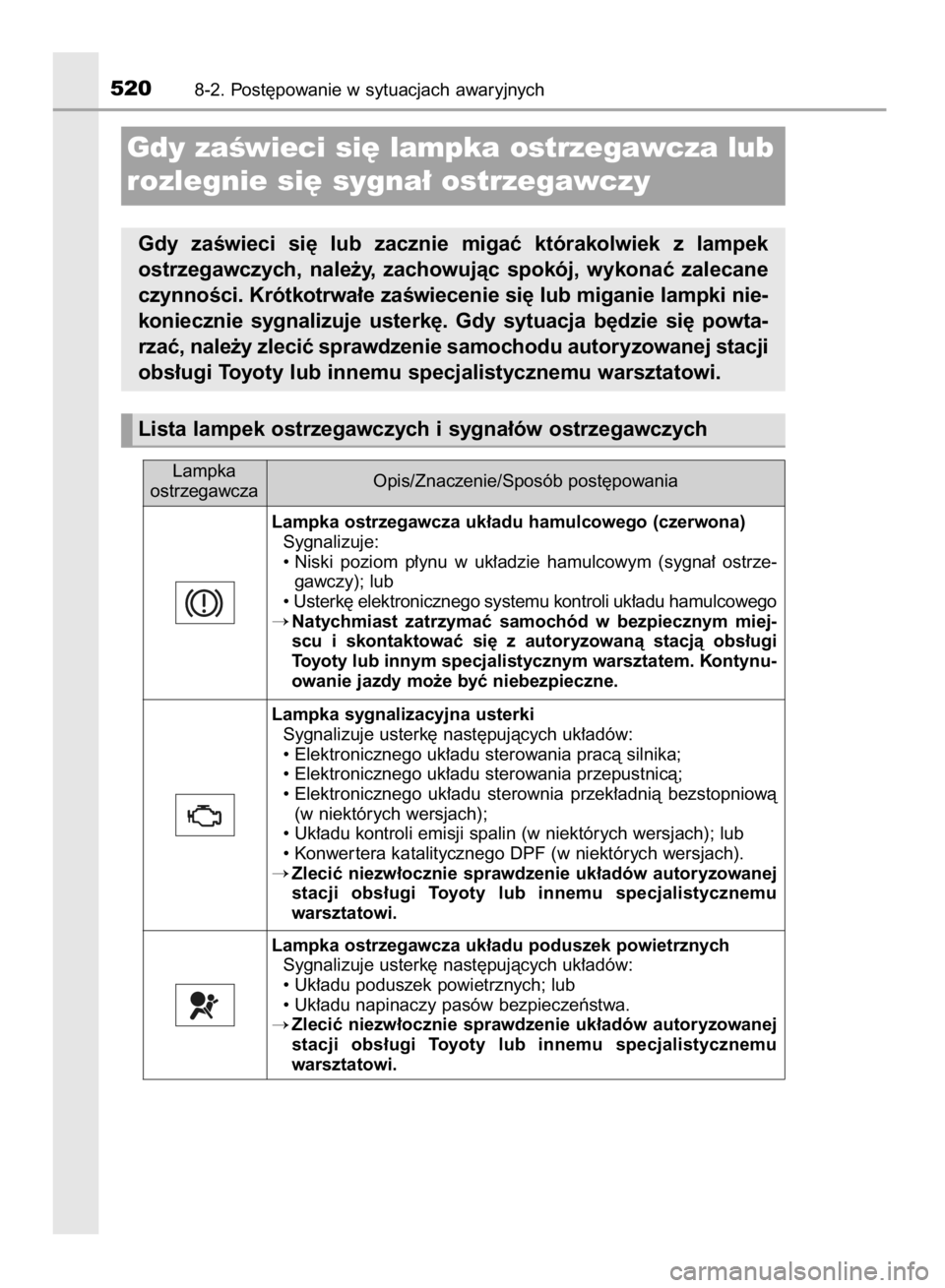 TOYOTA AVENSIS 2015  Instrukcja obsługi (in Polish) 5208-2. Post´powanie w sytuacjach awaryjnych
Lampka ostrzegawcza uk∏adu hamulcowego (czerwona)
Sygnalizuje:
• Niski  poziom  p∏ynu  w uk∏adzie  hamulcowym  (sygna∏  ostrze-
gawczy); lub
•