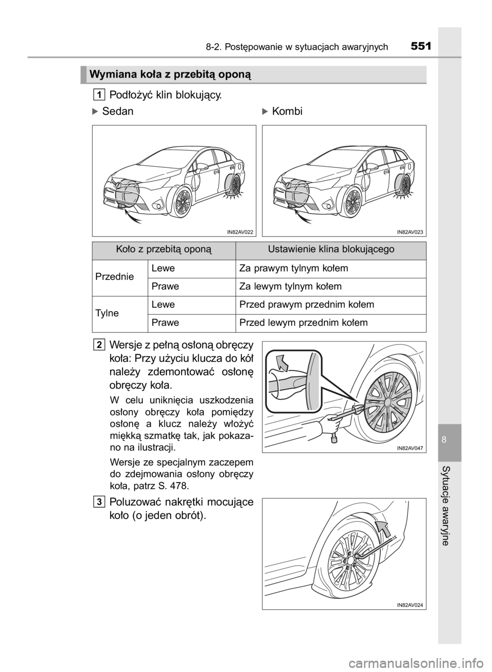 TOYOTA AVENSIS 2015  Instrukcja obsługi (in Polish) Pod∏o˝yç klin blokujàcy.
óSedanóKombi
Wersje z pe∏nà os∏onà obr´czy
ko∏a: Przy u˝yciu klucza do kó∏
nale˝y  zdemontowaç  os∏on´
obr´czy ko∏a.
W celu  unikni´cia  uszkodzen