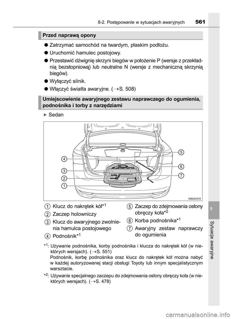 TOYOTA AVENSIS 2015  Instrukcja obsługi (in Polish) Zatrzymaç samochód na twardym, p∏askim pod∏o˝u.
Uruchomiç hamulec postojowy.
Przestawiç dêwigni´ skrzyni biegów w po∏o˝enie P (wersje z przek∏ad-
nià  bezstopniowà)  lub  neutralne 