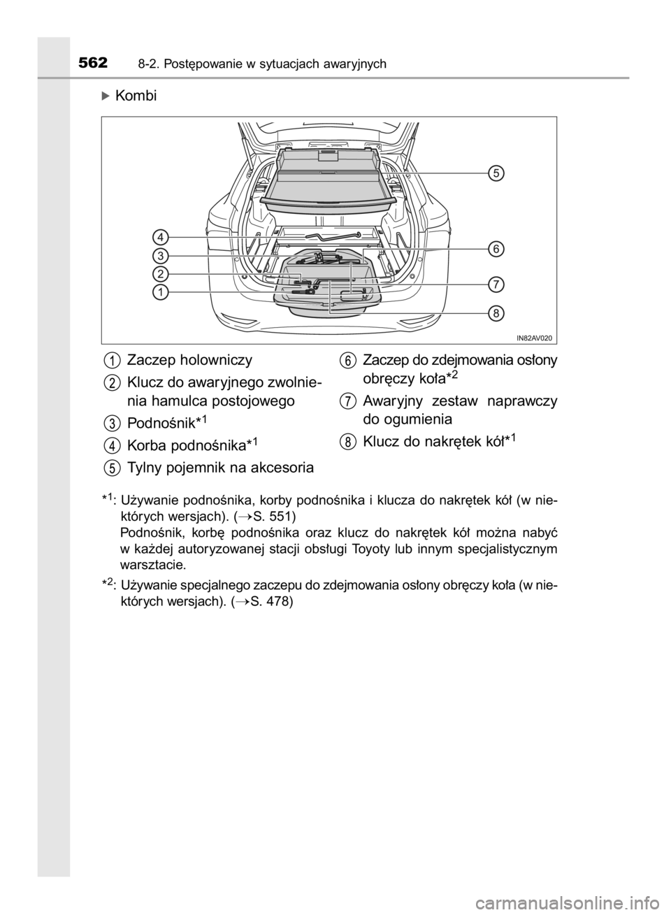 TOYOTA AVENSIS 2015  Instrukcja obsługi (in Polish) óKombi
*1: U˝ywanie  podnoÊnika,  korby  podnoÊnika  i klucza  do  nakr´tek  kó∏  (w nie-
których wersjach). (
S. 551)
PodnoÊnik,  korb´  podnoÊnika  oraz  klucz  do  nakr´tek  kó∏  m