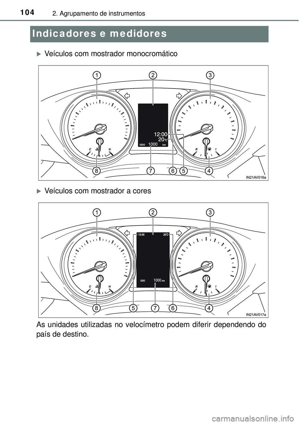TOYOTA AVENSIS 2015  Manual de utilização (in Portuguese) 1042. Agrupamento de instrumentos
Indicadores e medidores
Veículos com mostrador monocromático
Veículos com mostrador a cores
As unidades utilizadas no velocímetro podem diferir dependendo d