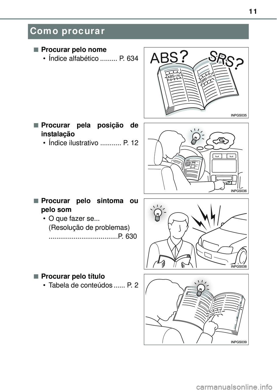 TOYOTA AVENSIS 2015  Manual de utilização (in Portuguese) 11
Como procurar
nProcurar pelo nome
• Índice alfabético ......... P. 634
nProcurar pela posição de
instalação
• Índice ilustrativo ........... P. 12
nProcurar pelo sintoma ou
pelo som
• 