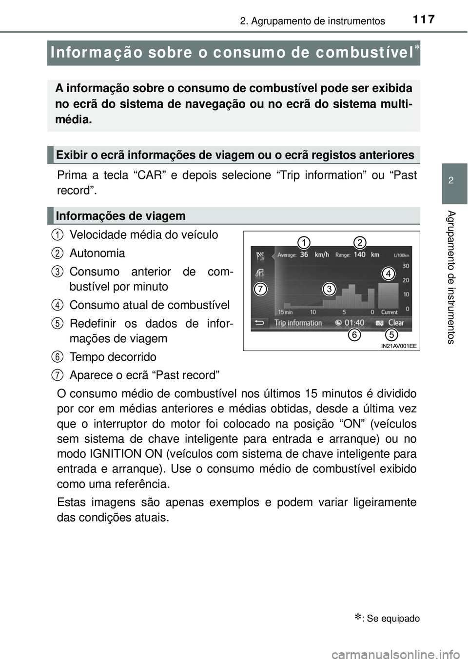 TOYOTA AVENSIS 2015 Manual de utilização (in Portuguese) 117
2
2. Agrupamento de instrumentos
Agrupamento de instrumentos
Informação sobre o consumo de combustível
Prima a tecla “CAR” e depois selecione “Trip information” ou “Past
record”. TOYOTA AVENSIS 2015 Manual de utilização (in Portuguese) 117
2
2. Agrupamento de instrumentos
Agrupamento de instrumentos
Informação sobre o consumo de combustível
Prima a tecla “CAR” e depois selecione “Trip information” ou “Past
record”.