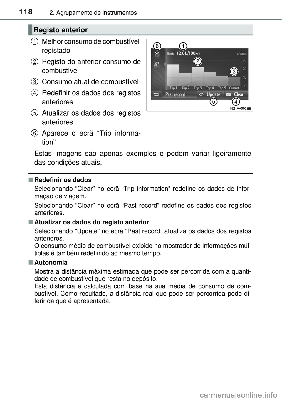 TOYOTA AVENSIS 2015 Manual de utilização (in Portuguese) 1182. Agrupamento de instrumentos
Melhor consumo de combustível
registado
Registo do anterior consumo de
combustível
Consumo atual de combustível
Redefinir os dados dos registos
anteriores
Atua TOYOTA AVENSIS 2015 Manual de utilização (in Portuguese) 1182. Agrupamento de instrumentos
Melhor consumo de combustível
registado
Registo do anterior consumo de
combustível
Consumo atual de combustível
Redefinir os dados dos registos
anteriores
Atua