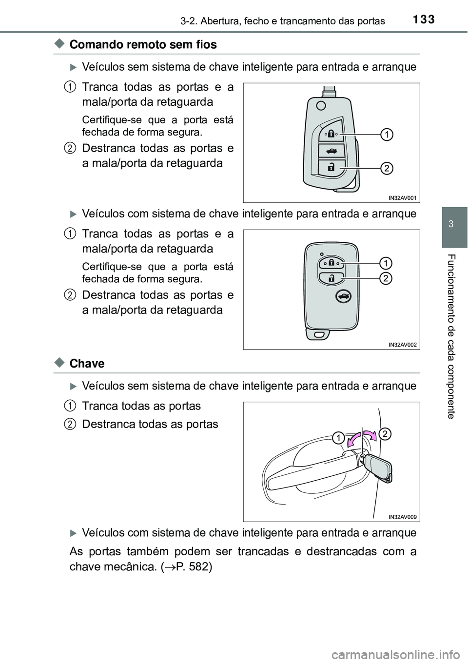 TOYOTA AVENSIS 2015  Manual de utilização (in Portuguese) 1333-2. Abertura, fecho e trancamento das portas
3
Funcionamento de cada componente
uComando remoto sem fios
Veículos sem sistema de chave inteligente para entrada e arranque
Tranca todas as porta