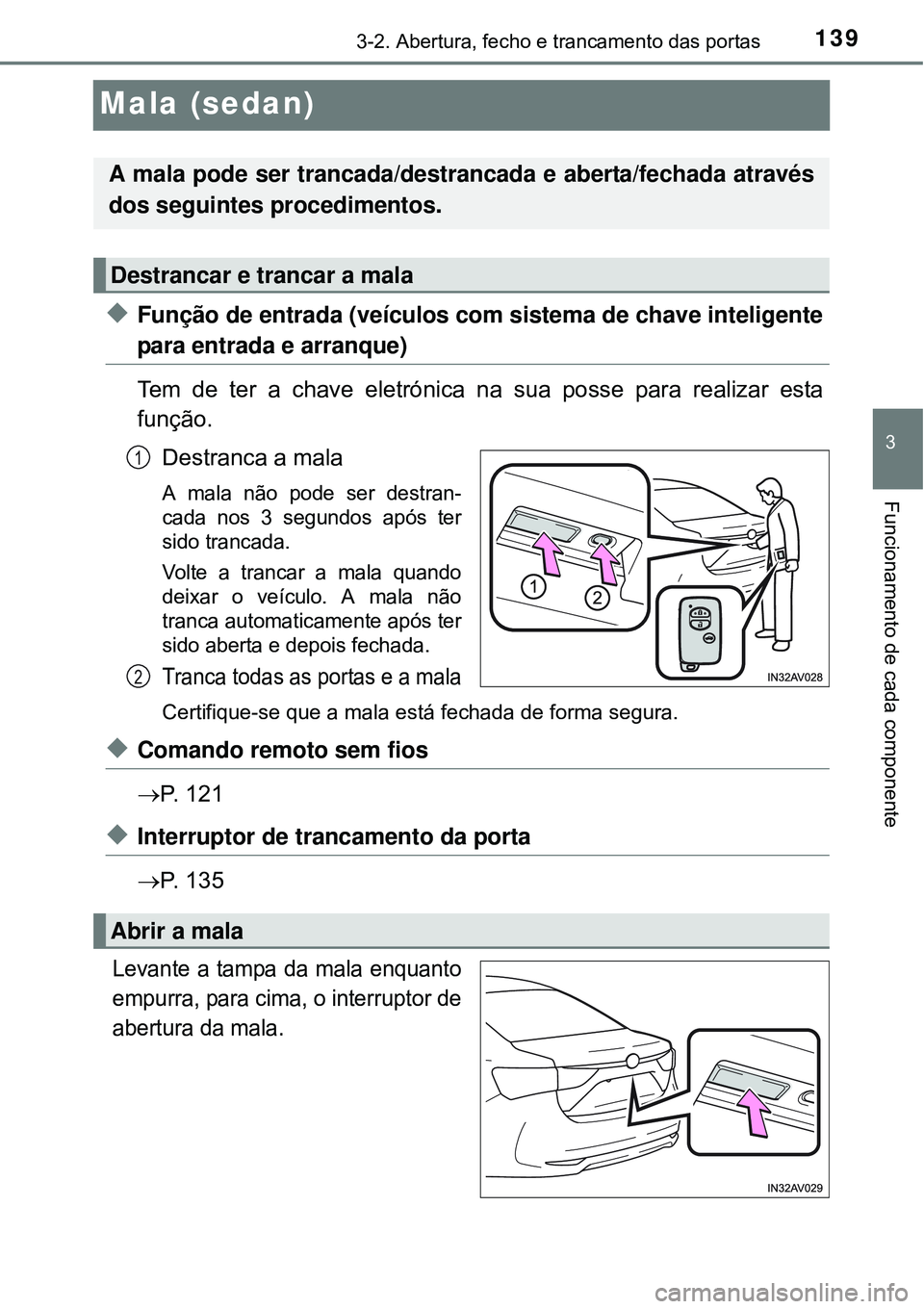 TOYOTA AVENSIS 2015  Manual de utilização (in Portuguese) 139
3
3-2. Abertura, fecho e trancamento das portas
Funcionamento de cada componente
Mala (sedan)
uFunção de entrada (veículos com sistema de chave inteligente
para entrada e arranque)
Tem de ter a