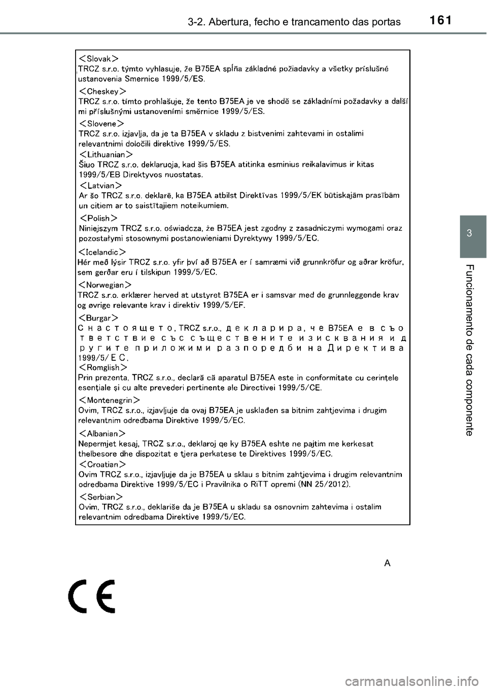 TOYOTA AVENSIS 2015  Manual de utilização (in Portuguese) 1613-2. Abertura, fecho e trancamento das portas
3
Funcionamento de cada componente
A  