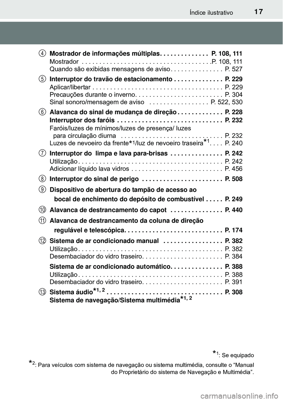 TOYOTA AVENSIS 2015  Manual de utilização (in Portuguese) 17Índice ilustrativo
Mostrador de informações múltiplas. . . . . . . . . . . . . .  P. 108, 111
Mostrador  . . . . . . . . . . . . . . . . . . . . . . . . . . . . . . . . . . . . .P. 108, 111
Quan