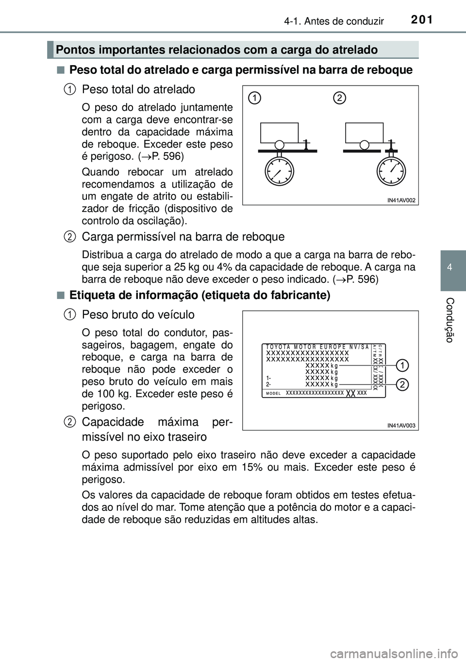 TOYOTA AVENSIS 2015 Manual de utilização (in Portuguese) 2014-1. Antes de conduzir
4
Condução
nPeso total do atrelado e carga permissível na barra de reboque
Peso total do atrelado
O peso do atrelado juntamente
com a carga deve encontrar-se
dentro da ca TOYOTA AVENSIS 2015 Manual de utilização (in Portuguese) 2014-1. Antes de conduzir
4
Condução
nPeso total do atrelado e carga permissível na barra de reboque
Peso total do atrelado
O peso do atrelado juntamente
com a carga deve encontrar-se
dentro da ca