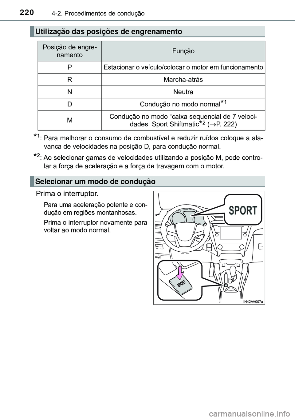 TOYOTA AVENSIS 2015 Manual de utilização (in Portuguese) 2204-2. Procedimentos de condução
*1: Para melhorar o consumo de combustível e reduzir ruídos coloque a ala-
vanca de velocidades na posição D, para condução normal.
*2: Ao selecionar gamas TOYOTA AVENSIS 2015 Manual de utilização (in Portuguese) 2204-2. Procedimentos de condução
*1: Para melhorar o consumo de combustível e reduzir ruídos coloque a ala-
vanca de velocidades na posição D, para condução normal.
*2: Ao selecionar gamas