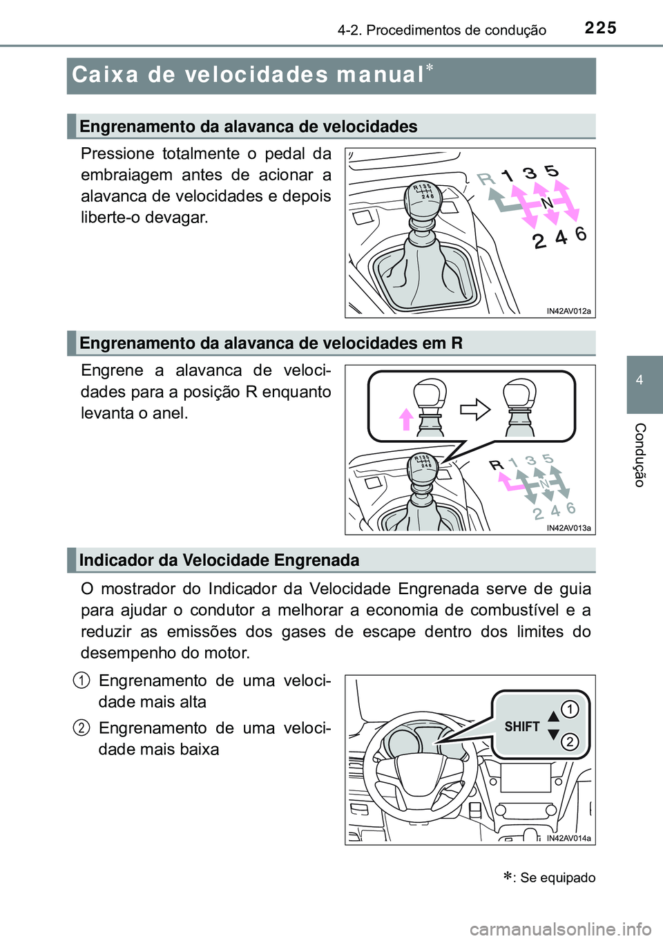 TOYOTA AVENSIS 2015 Manual de utilização (in Portuguese) 225
4
4-2. Procedimentos de condução
Condução
Caixa de velocidades manual
Pressione totalmente o pedal da
embraiagem antes de acionar a
alavanca de velocidades e depois
liberte-o devagar.
Engre TOYOTA AVENSIS 2015 Manual de utilização (in Portuguese) 225
4
4-2. Procedimentos de condução
Condução
Caixa de velocidades manual
Pressione totalmente o pedal da
embraiagem antes de acionar a
alavanca de velocidades e depois
liberte-o devagar.
Engre