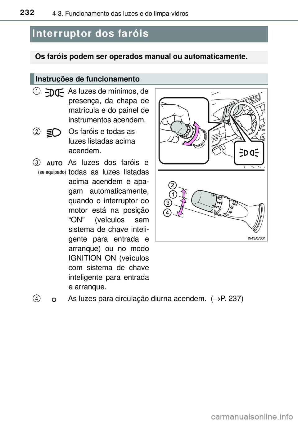TOYOTA AVENSIS 2015  Manual de utilização (in Portuguese) 2324-3. Funcionamento das luzes e do limpa-vidros
Interruptor dos faróis
As luzes de mínimos, de
presença, da chapa de
matrícula e do painel de
instrumentos acendem.
Os faróis e todas as 
luzes l