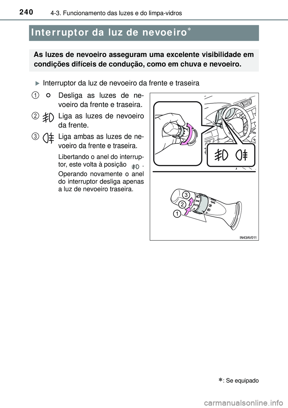 TOYOTA AVENSIS 2015 Manual de utilização (in Portuguese) 2404-3. Funcionamento das luzes e do limpa-vidros
Interruptor da luz de nevoeiro
Interruptor da luz de nevoeiro da frente e traseira
Desliga as luzes de ne-
voeiro da frente e traseira.
Liga as TOYOTA AVENSIS 2015 Manual de utilização (in Portuguese) 2404-3. Funcionamento das luzes e do limpa-vidros
Interruptor da luz de nevoeiro
Interruptor da luz de nevoeiro da frente e traseira
Desliga as luzes de ne-
voeiro da frente e traseira.
Liga as
