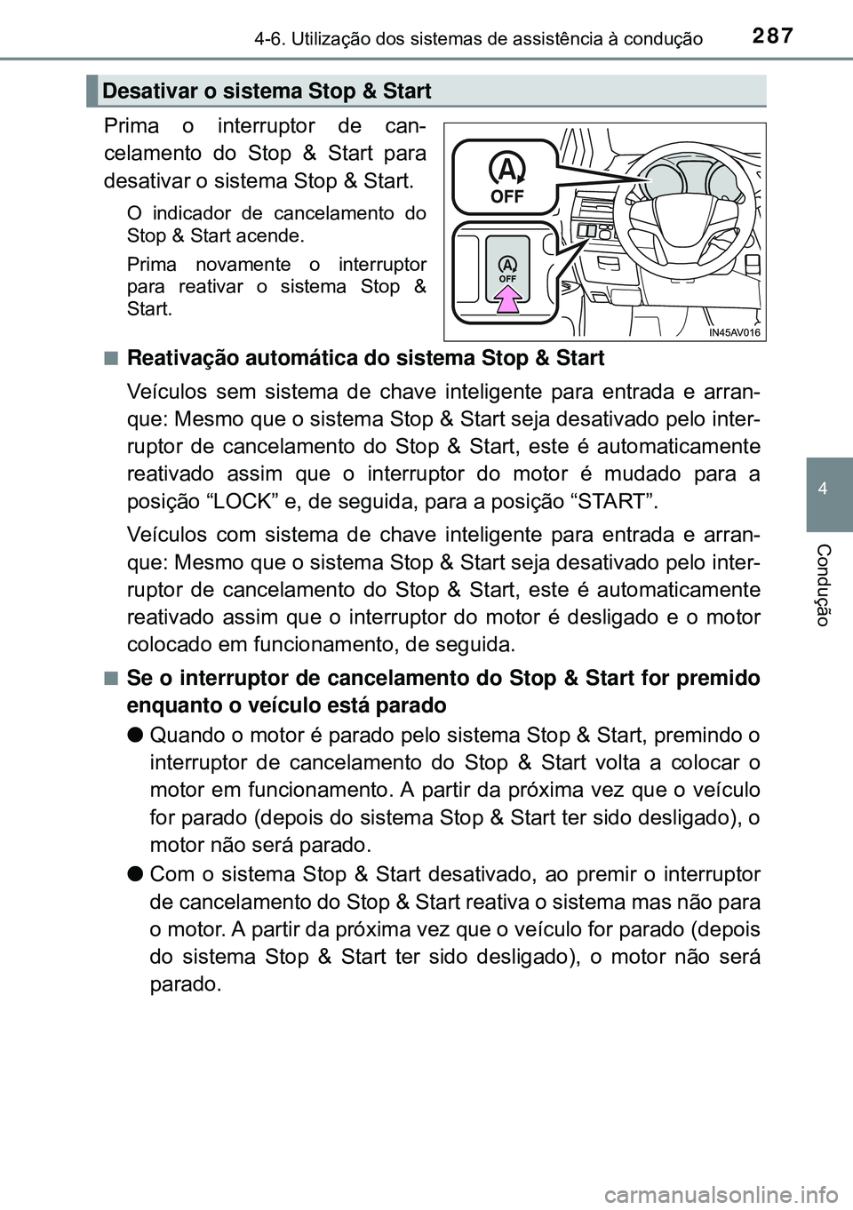 TOYOTA AVENSIS 2015 Manual de utilização (in Portuguese) 2874-6. Utilização dos sistemas de assistência à condução
4
Condução
Prima o interruptor de can-
celamento do Stop & Start para
desativar o sistema Stop & Start.
O indicador de cancelamento do TOYOTA AVENSIS 2015 Manual de utilização (in Portuguese) 2874-6. Utilização dos sistemas de assistência à condução
4
Condução
Prima o interruptor de can-
celamento do Stop & Start para
desativar o sistema Stop & Start.
O indicador de cancelamento do