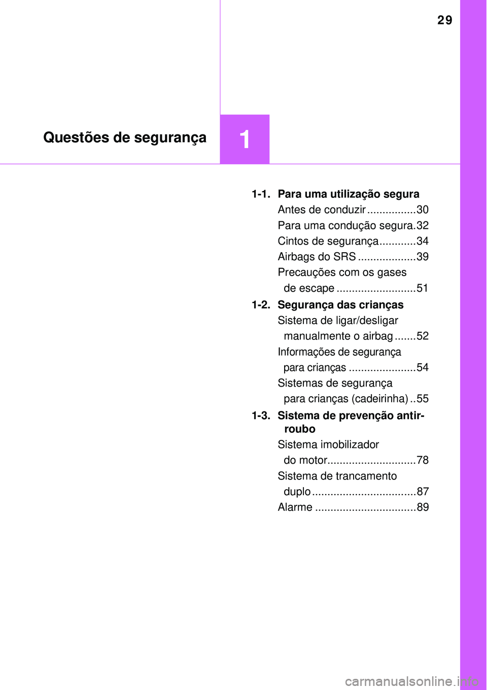 TOYOTA AVENSIS 2015  Manual de utilização (in Portuguese) 29
1Questões de segurança
1-1. Para uma utilização segura
Antes de conduzir ................ 30
Para uma condução segura. 32
Cintos de segurança ............ 34
Airbags do SRS .................