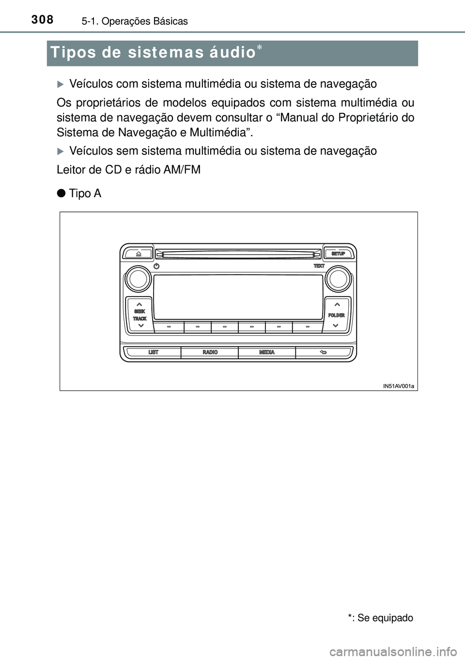 TOYOTA AVENSIS 2015 Manual de utilização (in Portuguese) 3085-1. Operações Básicas
Tipos de sistemas áudio
Veículos com sistema multimédia ou sistema de navegação
Os proprietários de modelos equipados com sistema multimédia ou
sistema de na TOYOTA AVENSIS 2015 Manual de utilização (in Portuguese) 3085-1. Operações Básicas
Tipos de sistemas áudio
Veículos com sistema multimédia ou sistema de navegação
Os proprietários de modelos equipados com sistema multimédia ou
sistema de na
