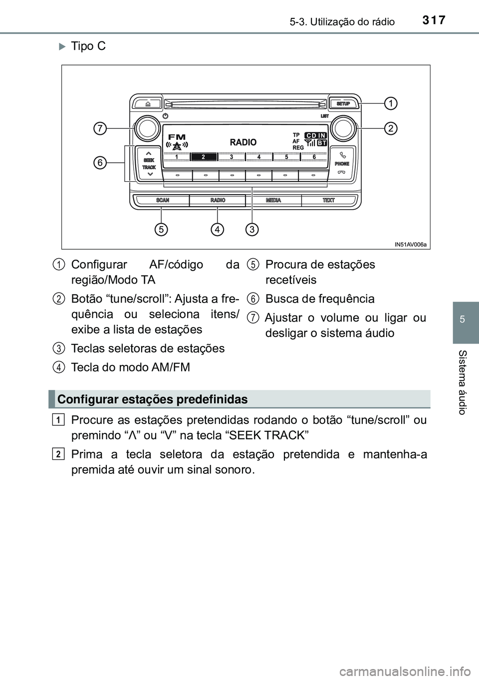 TOYOTA AVENSIS 2015 Manual de utilização (in Portuguese) 3175-3. Utilização do rádio
5
Sistema áudio
Tipo C
Procure as estações pretendidas rodando o botão “tune/scroll” ou
premindo “Λ” ou “V” na tecla “SEEK TRACK”
Prima a tecla s TOYOTA AVENSIS 2015 Manual de utilização (in Portuguese) 3175-3. Utilização do rádio
5
Sistema áudio
Tipo C
Procure as estações pretendidas rodando o botão “tune/scroll” ou
premindo “Λ” ou “V” na tecla “SEEK TRACK”
Prima a tecla s