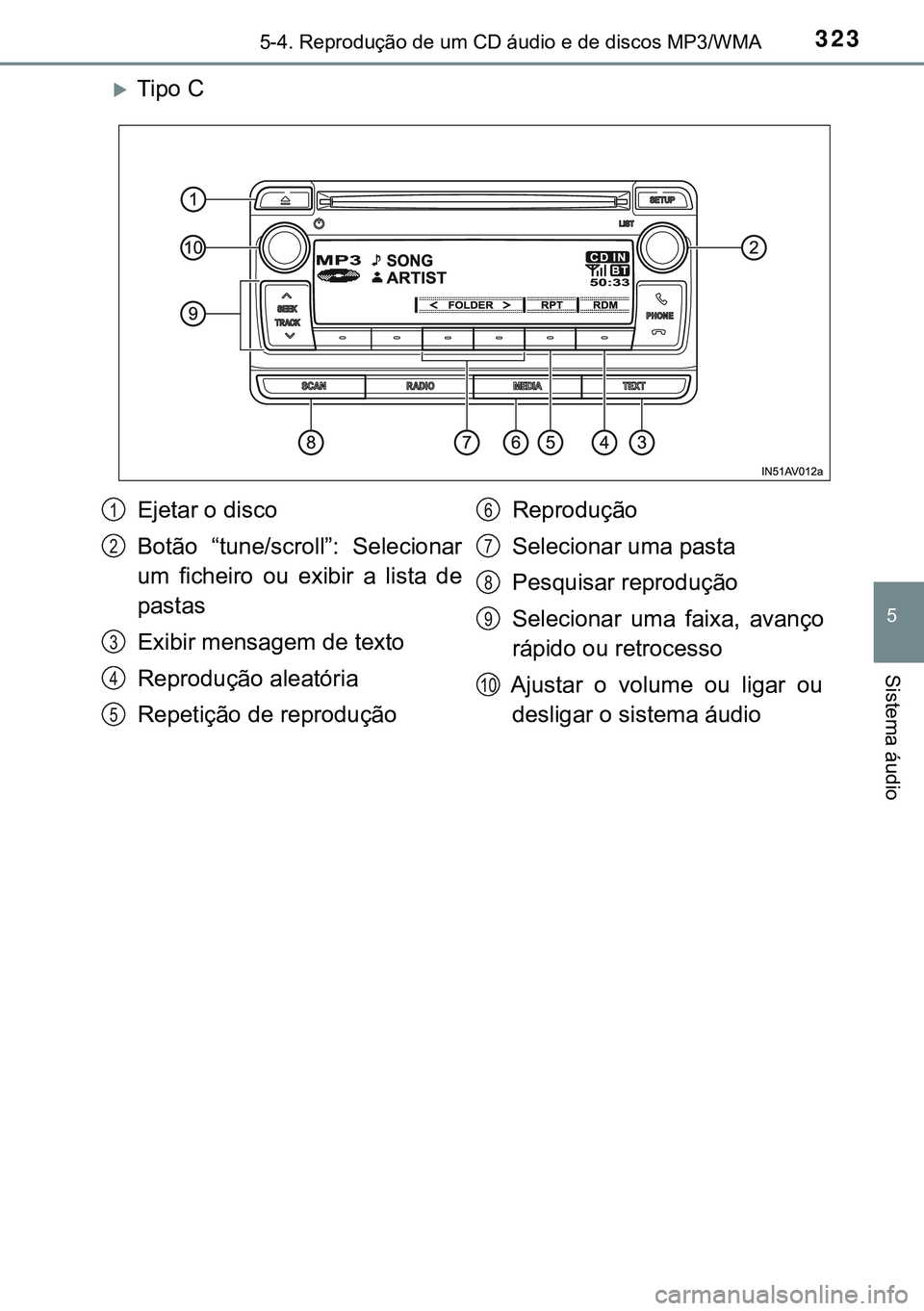 TOYOTA AVENSIS 2015 Manual de utilização (in Portuguese) 3235-4. Reprodução de um CD áudio e de discos MP3/WMA
5
Sistema áudio
Tipo C
Ejetar o disco
Botão “tune/scroll”: Selecionar
um ficheiro ou exibir a lista de
pastas
Exibir mensagem de texto TOYOTA AVENSIS 2015 Manual de utilização (in Portuguese) 3235-4. Reprodução de um CD áudio e de discos MP3/WMA
5
Sistema áudio
Tipo C
Ejetar o disco
Botão “tune/scroll”: Selecionar
um ficheiro ou exibir a lista de
pastas
Exibir mensagem de texto