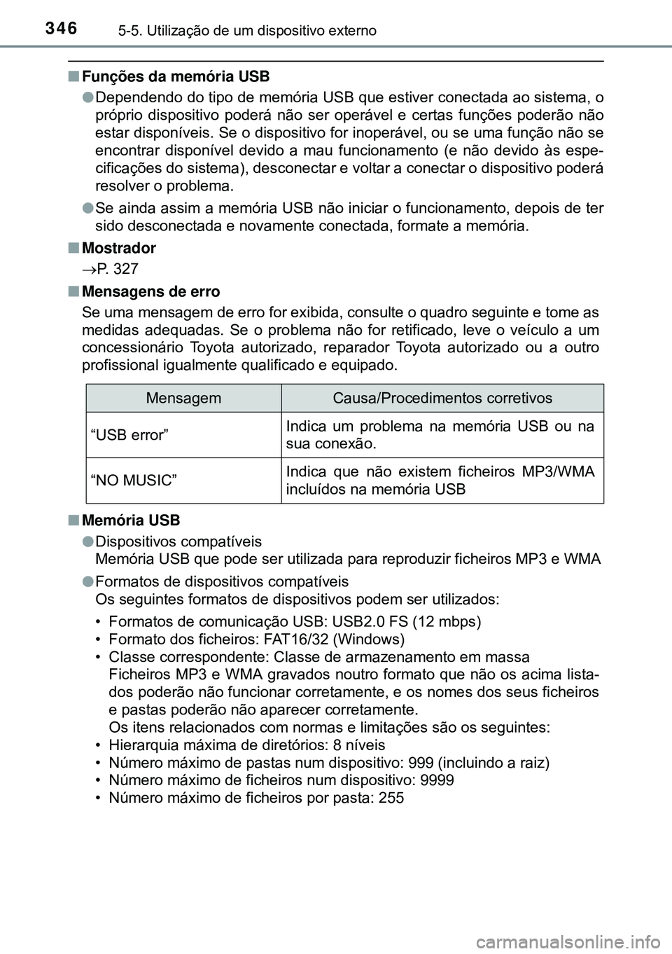 TOYOTA AVENSIS 2015  Manual de utilização (in Portuguese) 3465-5. Utilização de um dispositivo externo
nFunções da memória USB
lDependendo do tipo de memória USB que estiver conectada ao sistema, o
próprio dispositivo poderá não ser operável e cert