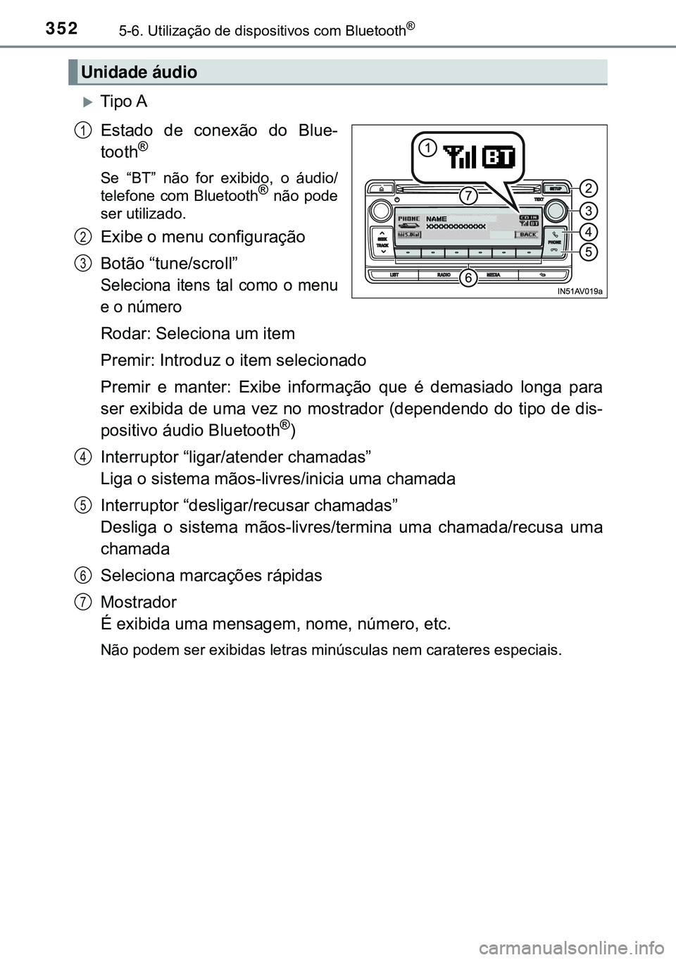 TOYOTA AVENSIS 2015 Manual de utilização (in Portuguese) 3525-6. Utilização de dispositivos com Bluetooth®
Tipo A
Estado de conexão do Blue-
tooth
®
Se “BT” não for exibido, o áudio/
telefone com Bluetooth® não pode
ser utilizado.
Exibe o me TOYOTA AVENSIS 2015 Manual de utilização (in Portuguese) 3525-6. Utilização de dispositivos com Bluetooth®
Tipo A
Estado de conexão do Blue-
tooth
®
Se “BT” não for exibido, o áudio/
telefone com Bluetooth® não pode
ser utilizado.
Exibe o me