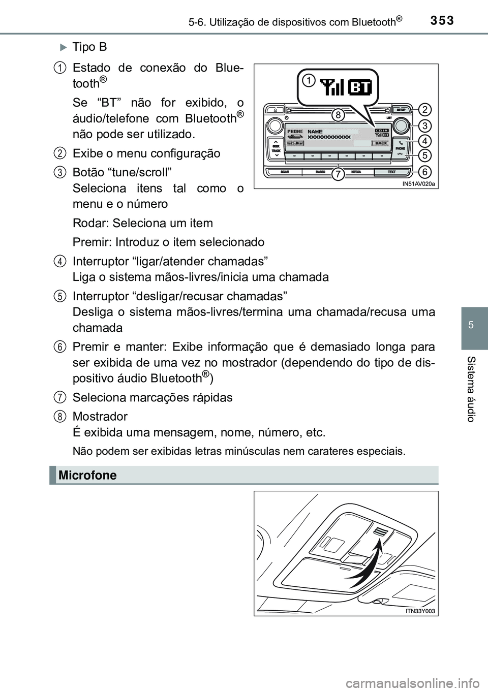 TOYOTA AVENSIS 2015 Manual de utilização (in Portuguese) 3535-6. Utilização de dispositivos com Bluetooth®
5
Sistema áudio
Tipo B
Estado de conexão do Blue-
tooth
®
Se “BT” não for exibido, o
áudio/telefone com Bluetooth®
não pode ser utili TOYOTA AVENSIS 2015 Manual de utilização (in Portuguese) 3535-6. Utilização de dispositivos com Bluetooth®
5
Sistema áudio
Tipo B
Estado de conexão do Blue-
tooth
®
Se “BT” não for exibido, o
áudio/telefone com Bluetooth®
não pode ser utili