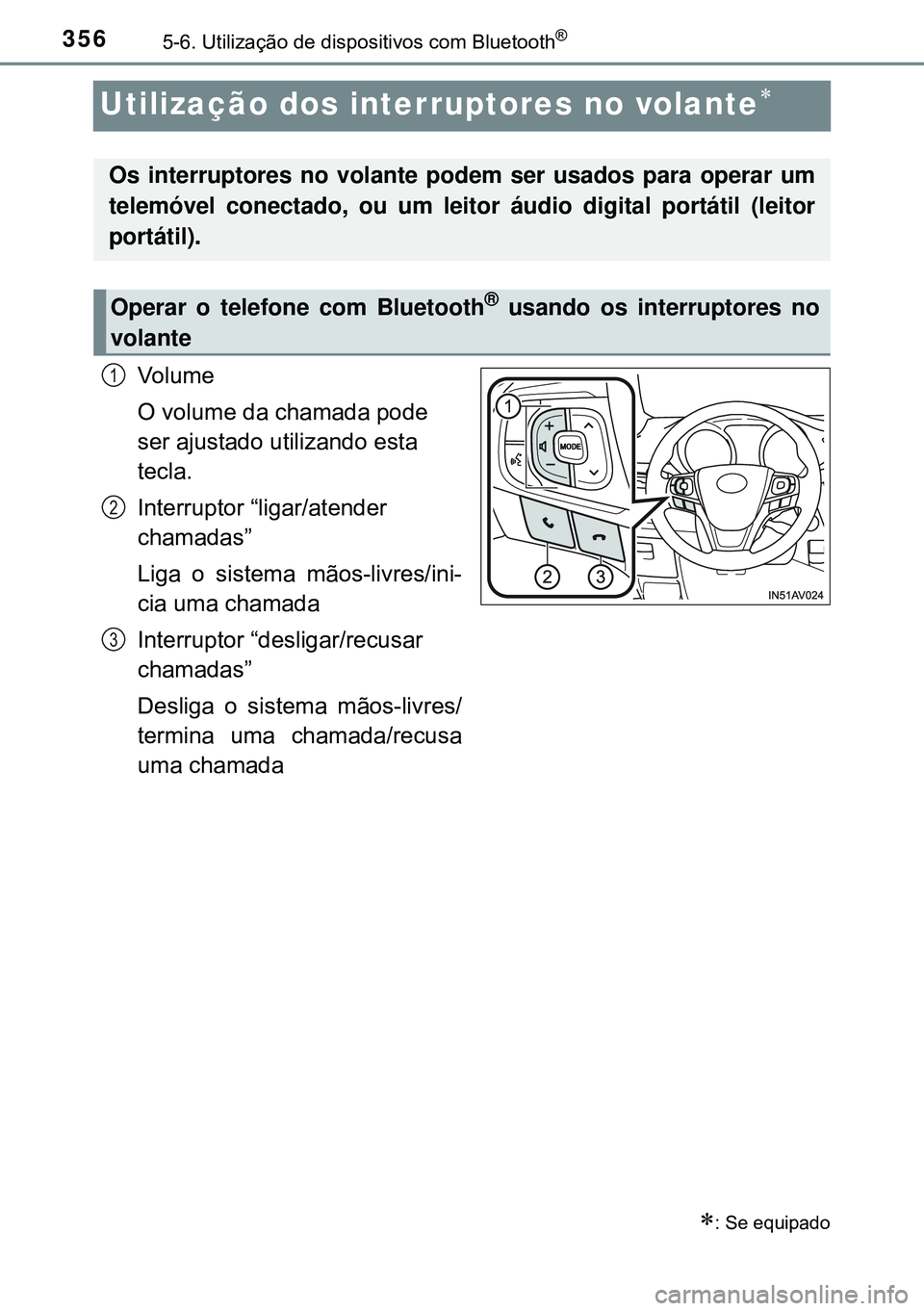 TOYOTA AVENSIS 2015 Manual de utilização (in Portuguese) 3565-6. Utilização de dispositivos com Bluetooth®
Utilização dos interruptores no volante
Volume
O volume da chamada pode
ser ajustado utilizando esta
tecla.
Interruptor “ligar/atender
ch TOYOTA AVENSIS 2015 Manual de utilização (in Portuguese) 3565-6. Utilização de dispositivos com Bluetooth®
Utilização dos interruptores no volante
Volume
O volume da chamada pode
ser ajustado utilizando esta
tecla.
Interruptor “ligar/atender
ch