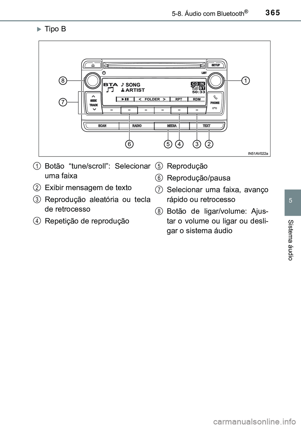 TOYOTA AVENSIS 2015 Manual de utilização (in Portuguese) 3655-8. Áudio com Bluetooth®
5
Sistema áudio
Tipo B
Botão “tune/scroll”: Selecionar
uma faixa
Exibir mensagem de texto
Reprodução aleatória ou tecla
de retrocesso
Repetição de reprodu TOYOTA AVENSIS 2015 Manual de utilização (in Portuguese) 3655-8. Áudio com Bluetooth®
5
Sistema áudio
Tipo B
Botão “tune/scroll”: Selecionar
uma faixa
Exibir mensagem de texto
Reprodução aleatória ou tecla
de retrocesso
Repetição de reprodu