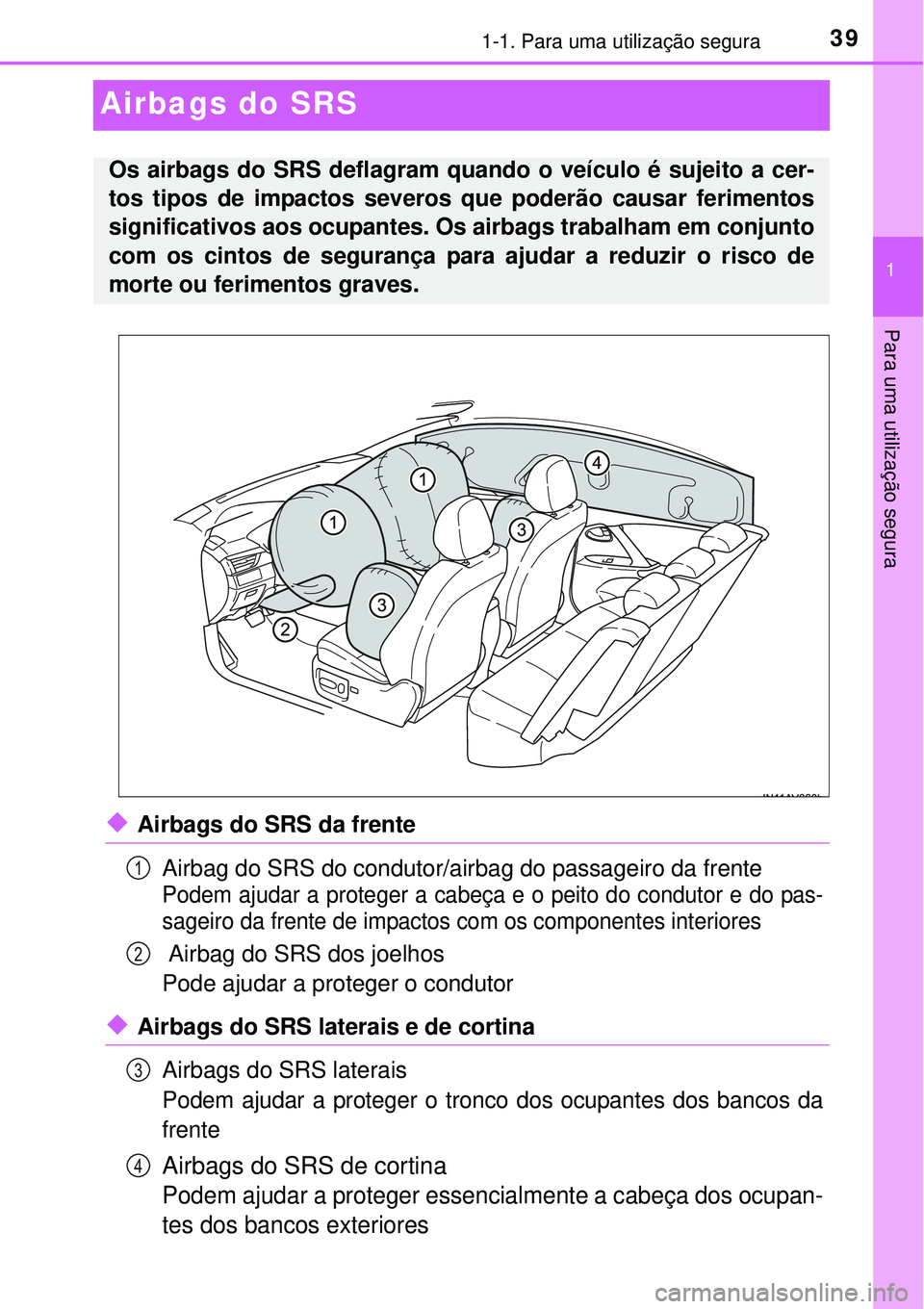 TOYOTA AVENSIS 2015 Manual de utilização (in Portuguese) 391-1. Para uma utilização segura
1
Para uma utilização segura
Airbags do SRS
uAirbags do SRS da frente
Airbag do SRS do condutor/airbag do passageiro da frente
Podem ajudar a proteger a cabeça TOYOTA AVENSIS 2015 Manual de utilização (in Portuguese) 391-1. Para uma utilização segura
1
Para uma utilização segura
Airbags do SRS
uAirbags do SRS da frente
Airbag do SRS do condutor/airbag do passageiro da frente
Podem ajudar a proteger a cabeça