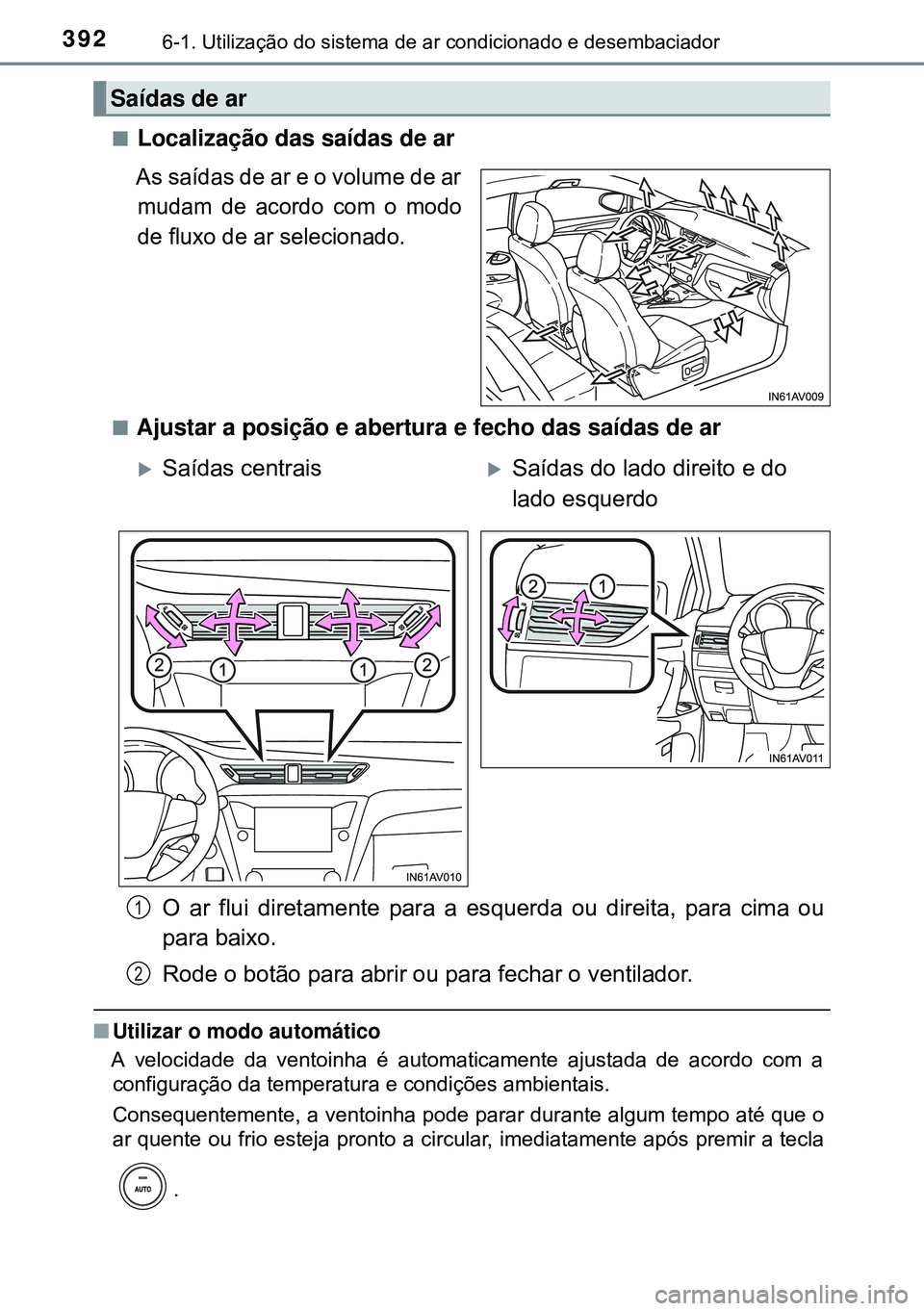 TOYOTA AVENSIS 2015 Manual de utilização (in Portuguese) 3926-1. Utilização do sistema de ar condicionado e desembaciador
nLocalização das saídas de ar
As saídas de ar e o volume de ar
mudam de acordo com o modo
de fluxo de ar selecionado.
nAjustar a TOYOTA AVENSIS 2015 Manual de utilização (in Portuguese) 3926-1. Utilização do sistema de ar condicionado e desembaciador
nLocalização das saídas de ar
As saídas de ar e o volume de ar
mudam de acordo com o modo
de fluxo de ar selecionado.
nAjustar a